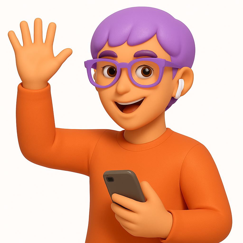 3D postava z generace Z s fialovými brýlemi, sluchátky a telefonem. Mladá generace a digitální zdraví v moderním stylu.